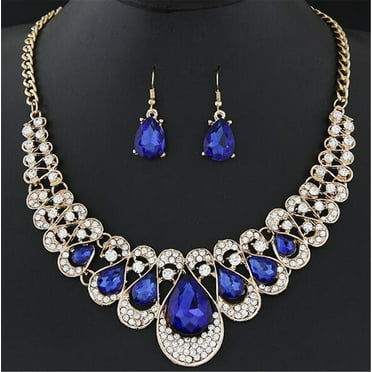 Fdelink Alloy Necklace Womens Mixed Style Multicolor Bib Chain Necklace Earrings Women's Jewelry Gift Blue