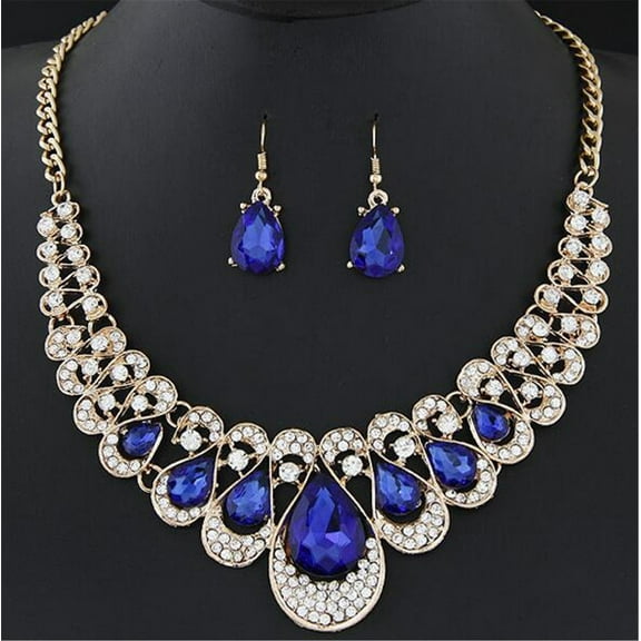 Fdelink Alloy Necklace Womens Mixed Style Multicolor Bib Chain Necklace Earrings Women's Jewelry Gift Blue