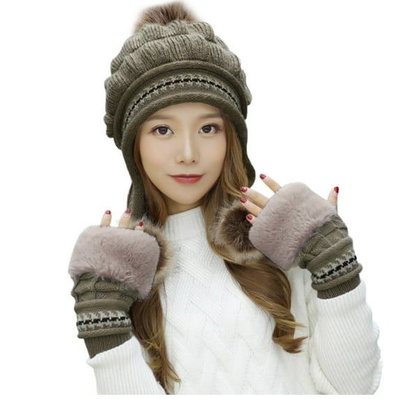 Fdelink Beanie Hat Winter Hats Women's Plush Knitted Hat Warm Woolen Hat Thick Ball Ear Protection Ca P Berets Coffee