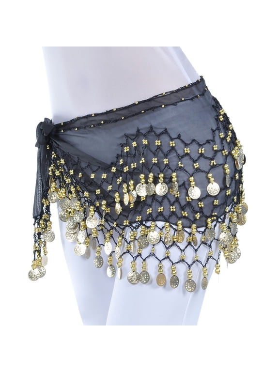 Chiffon Belly Dance Scarf Wrap Belt Tribal Sash Skirt Silver 128 Coins, Scarves (Black)
