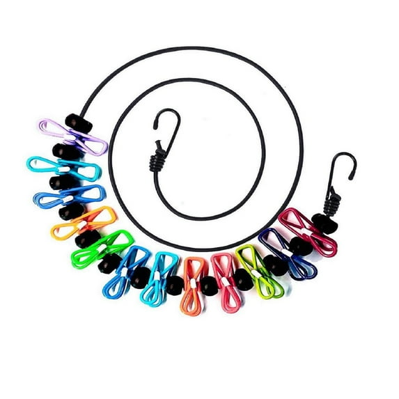 Fdelink Clothes Hanging Hook Rope Clip Hat Head Dazzling Black Rope,Pack Portable Clothesline with 12 Clothespins Windproof Travel Clothesline Stretchy Retractable Elastic Laundry Clothes Line
