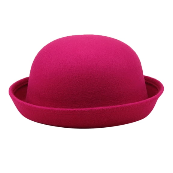 Fdelink Elegant Adults Solid Hat Roll Up Brim Panama Bowler Hat Bucket Hat Mens Womens Classic Wool Round Bowler Hats Cap Lady Cap (Hot Pink)