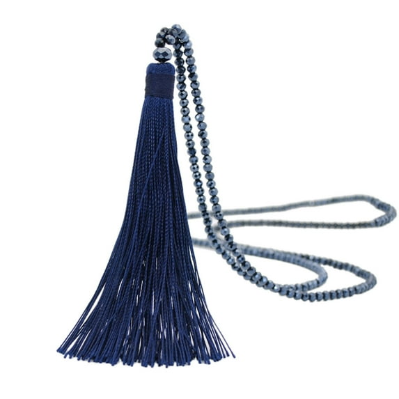 Fdelink Fashion Necklace Chain Sweater Boho Vintage Women Bead Long Glass Drop Necklace Tassel Necklaces Pendants Dark blue