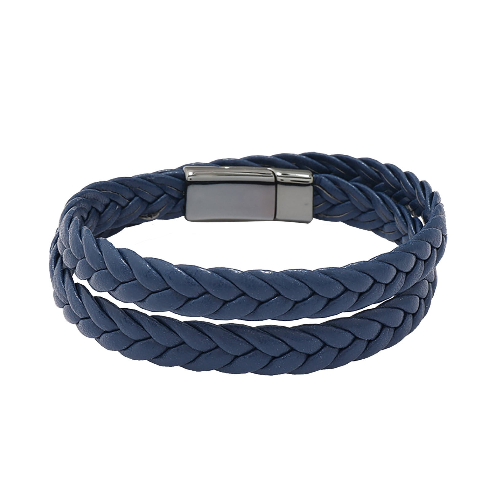 11mm 7.87'' Blue and Black Braided Leather Rope Bracelet Stainless Steel  Clasp