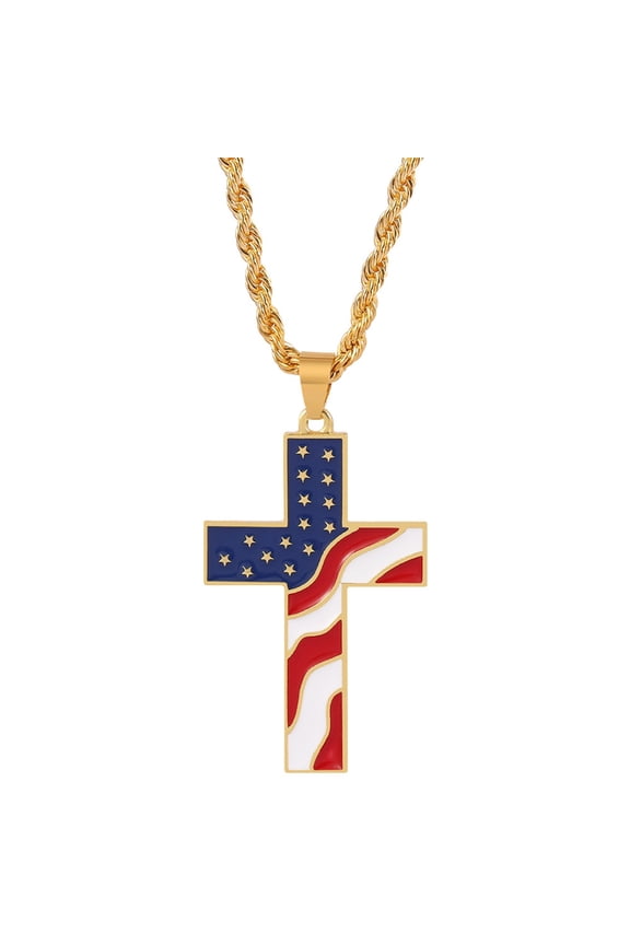 Necklace Jewelry Flag Day Gift Stainless Steel American USA Flag Cross Religious Pendant Necklace Jewelry for Men Gold