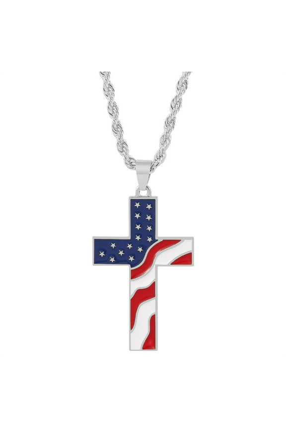Necklace Jewelry Flag Day Gift Stainless Steel American USA Flag Cross Religious Pendant Necklace Jewelry for Men Silver