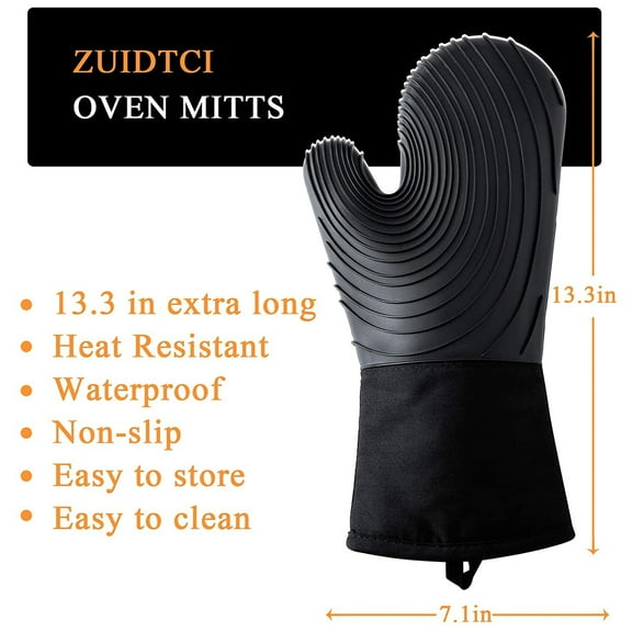 Fdelink Oven Mitts Flexible Oven Gloves with Oven Long Extra 1 Mitts Liner Silicone Pair Quilted Kitchen，Dining & Bar Pillows Cover (Black)