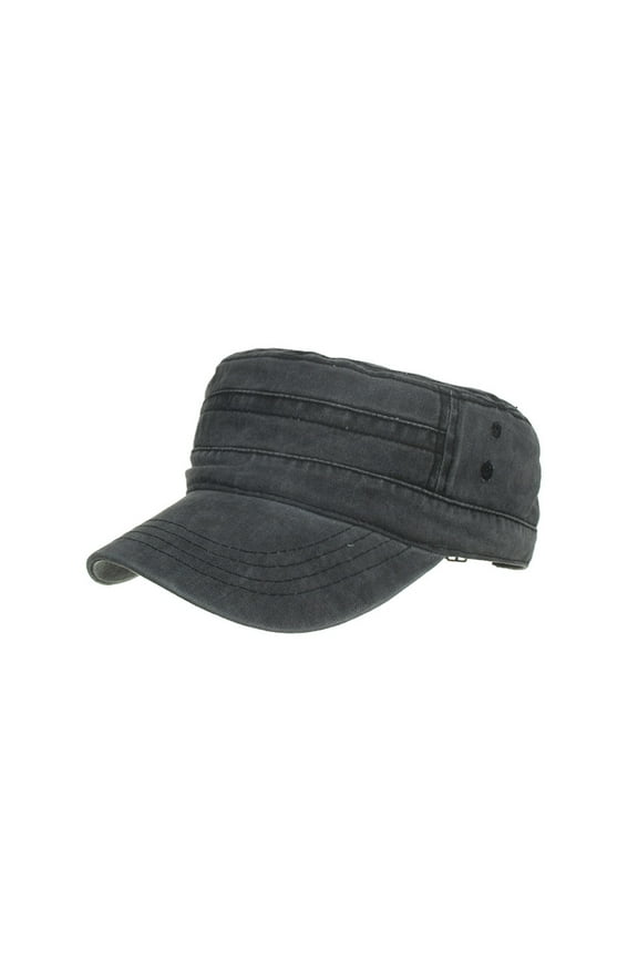 Washed Cotton Military Caps Cadet Caps Unique Design Vintage Flat Top Cap Fashion Hat (Black)