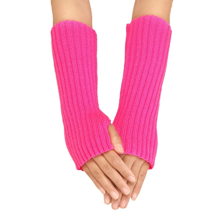 Fdelink Women Autumn and Winter Solid Color Multicolor Wool Long Striped Knit Half Finger Gloves Hand Socks Hot Pink