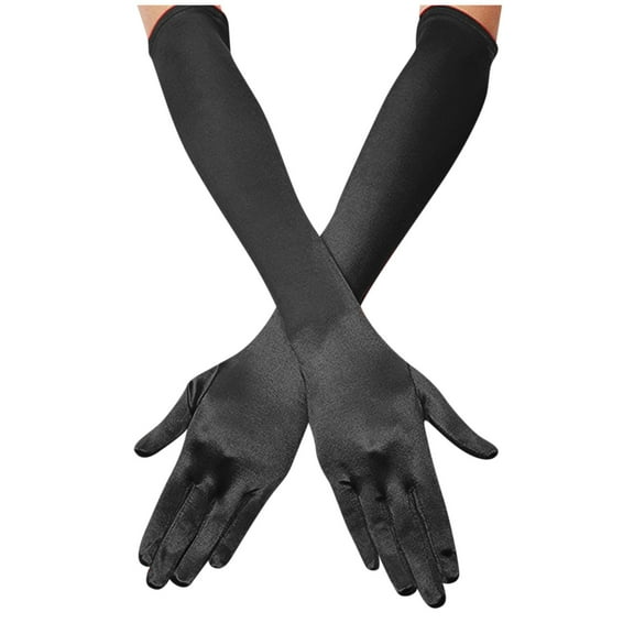 Fdelink Women'S Long Satin Finger Gloves Elbow Length 1920S Opera Bridal Dance Gloves Arm Sleeve (Black)