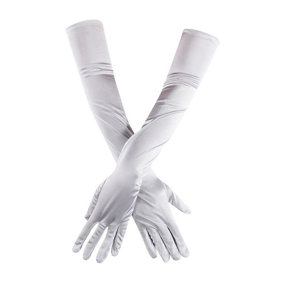 Fdelink Women'S Long Satin Finger Gloves Elbow Length 1920S Opera Bridal Dance Gloves Arm Sleeve (White)