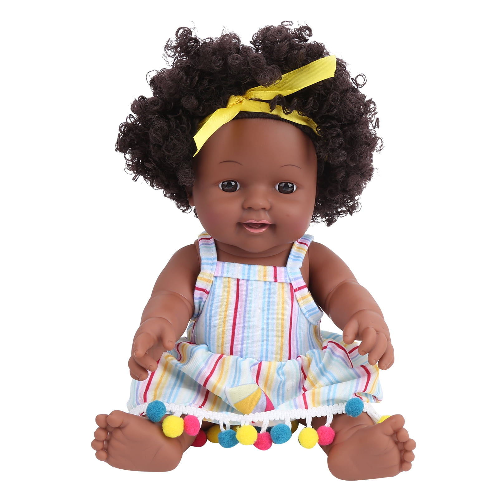 Fdit 11.8 Inch Black Skin Curly Hair Simulation African Girl Baby Doll