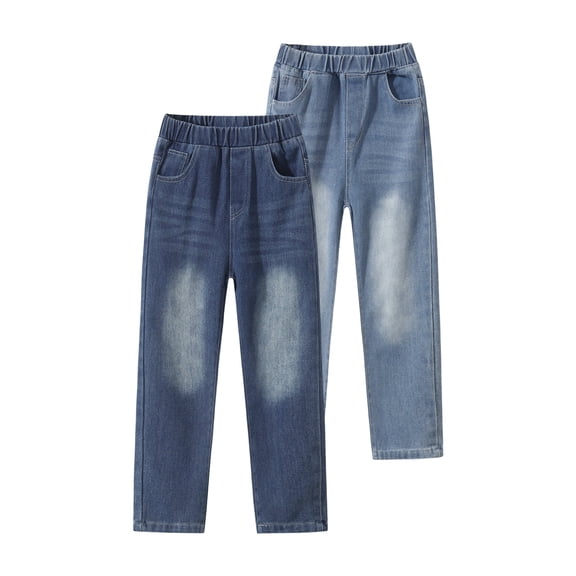 Fdqin 2pcs Boys Jeans Elastic Waist Straight Wide Leg Jean Kids Relaxed Fit Denim Pants 5-6 Years