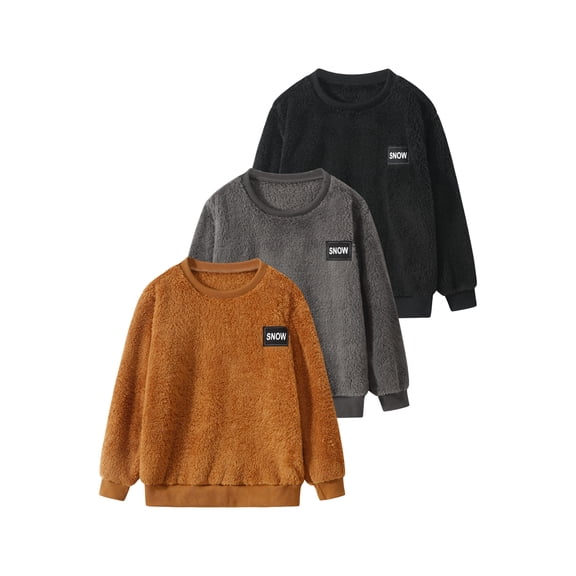 Fdqin 3 Pcs Boys Sweatshirts Double-Faced Fleece Solid Crewneck Pullover Fuzzy Sherpa Warm Fall Winter Sweater 9-10 Years