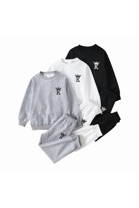 6 Pcs Boy Outfits Letter Print Boys Sweatsuit Long Sleeve Pullover Waffle Knit Sweatshirt and Jogger Pant Sets White Black Grey 5-6 Years