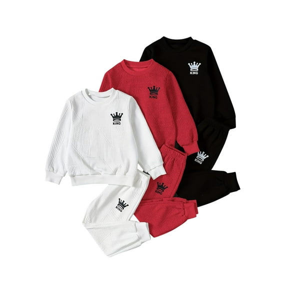 Fdqin 6 Pcs Boy Outfits Letter Print Boys Sweatsuit Long Sleeve Pullover Waffle Knit Sweatshirt and Jogger Pant Sets White Red Black 11-12 Years