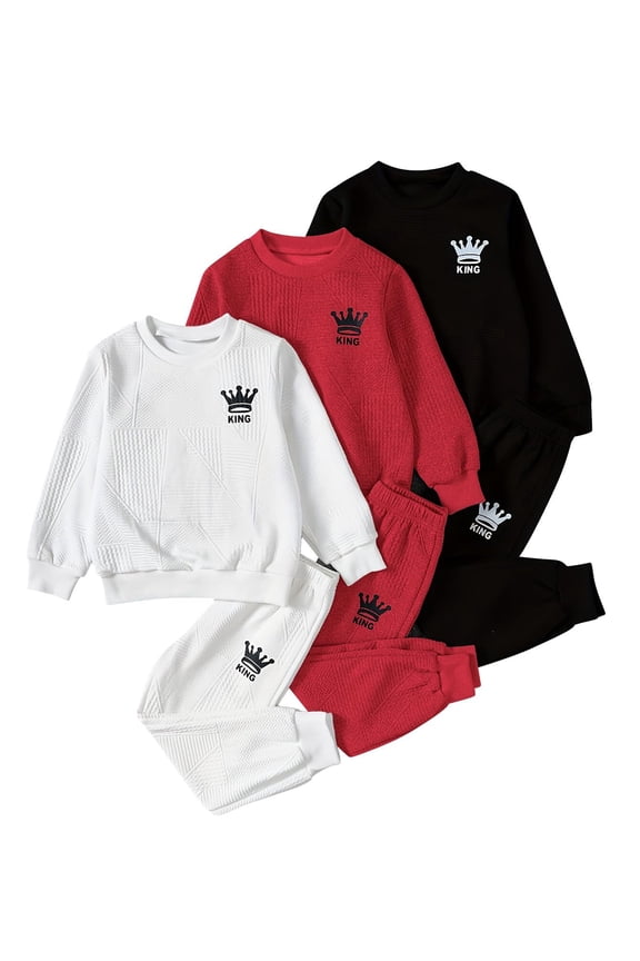 6 Pcs Boy Outfits Letter Print Boys Sweatsuit Long Sleeve Pullover Waffle Knit Sweatshirt and Jogger Pant Sets White Red Black 9-10 Years