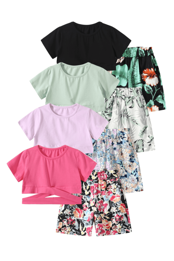 8 Pcs Girls Summer Clothes Crisscross Casual Short Sleeve Crop Tops and Floral Print High Waist Shorts Set Black Green Purple Red 4-5 Years