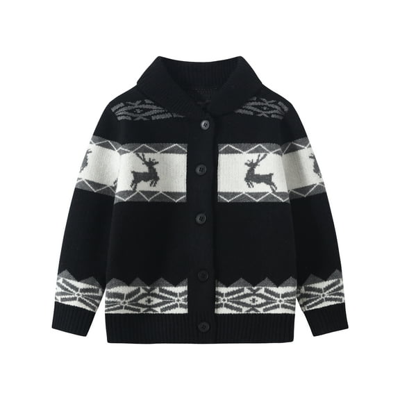 Fdqin Boys Christmas Sweater Cardigan Girls Reindeer Snowflake Collared Knitted Sweaters Kids Button Down Ugly Christmas Cardigans Black 9-10 Years