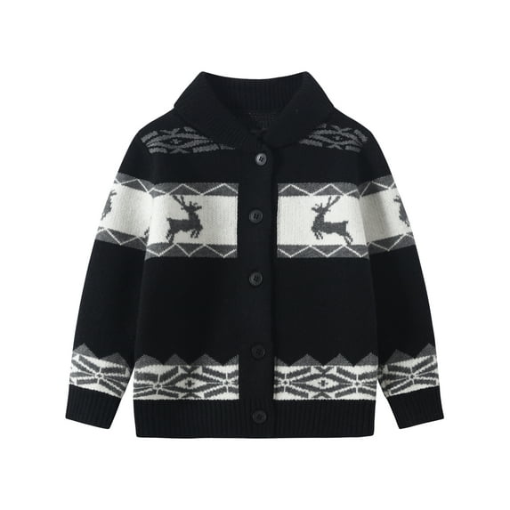 Fdqin Boys Christmas Sweater Cardigan Girls Reindeer Snowflake Collared Knitted Sweaters Kids Button Down Ugly Christmas Cardigans Black 9-10 Years