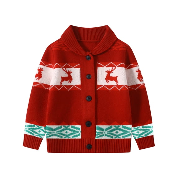 Fdqin Boys Christmas Sweater Cardigan Girls Reindeer Snowflake Collared Knitted Sweaters Kids Button Down Ugly Christmas Cardigans Red Green 11-12 Years