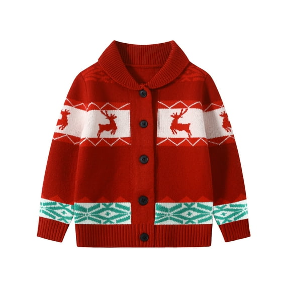 Fdqin Boys Christmas Sweater Cardigan Girls Reindeer Snowflake Collared Knitted Sweaters Kids Button Down Ugly Christmas Cardigans Red Green 4-5 Years