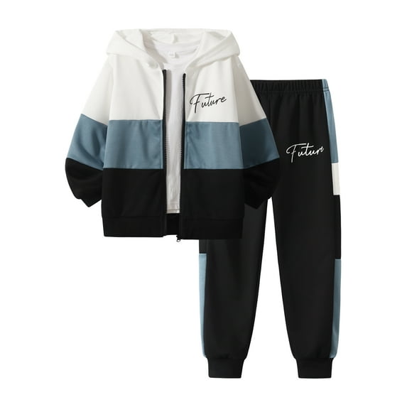 Fdqin Boys Fall Outfits 2Pcs Zip Up Long Sleeve Hooded and Sweat Pants Colorblock Winter Clothes for Kids Black 9-10 Years