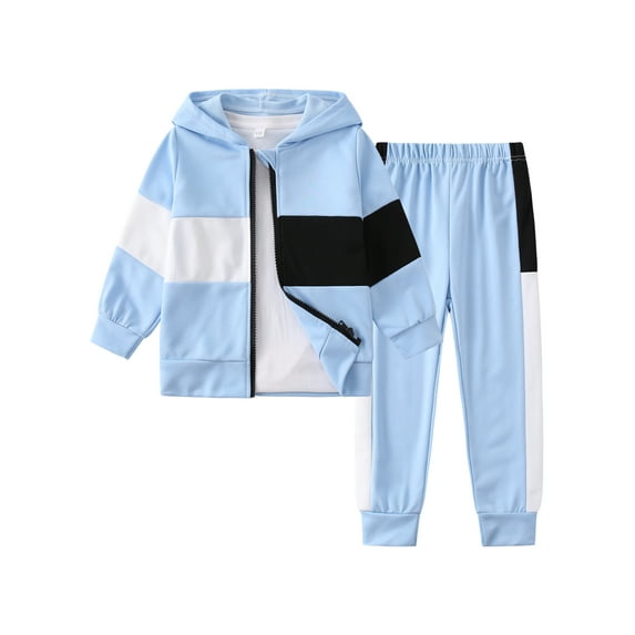 Fdqin Boys Fall Outfits 2Pcs Zip Up Long Sleeve Hooded and Sweat Pants Colorblock Winter Clothes for Kids Blue 3-4 Years