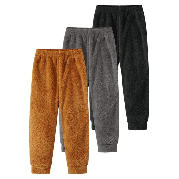Fdqin Boys Fleece Pants 3 Pcs Warm Soft Fleece-Lined Pant Elastic Waist Winter Sweatpants Brown Grey Black 5-6 Years