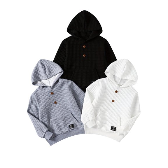 Fdqin Boys Hoodies 3 Piece Waffle Button Sweatshirts Long Sleeve Loose Pullover with Pocket Grey Black White 7-8 Years