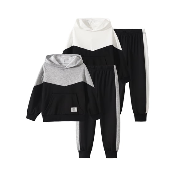 Fdqin Boys Hoodies Fall Outfits 4 Pcs Colorblock Sweatshirt and Jogger Pants Set Winter Pullover Sweatsuit Grey White 5-6 Years
