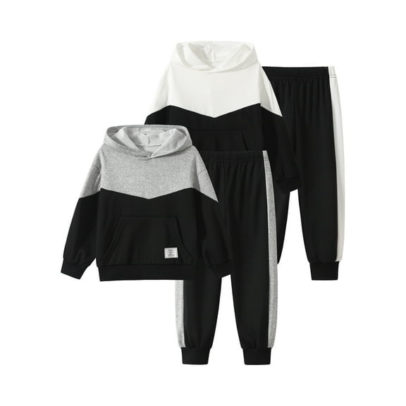 Fdqin Boys Hoodies Fall Outfits 4 Pcs Colorblock Sweatshirt and Jogger Pants Set Winter Pullover Sweatsuit Grey White 5-6 Years