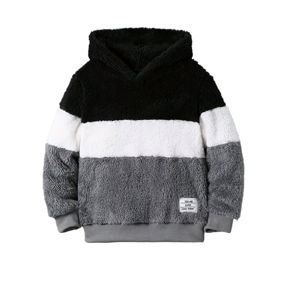Fdqin Boys Hoodies Fuzzy Fleece Pullover Color Block Sweatshirt Casual Loose Outwear Fall Winter Clothes White 9-10 Years
