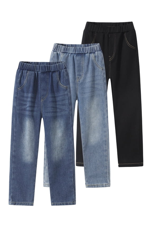 3pcs Boys Jeans Elastic Waist Straight Wide Leg Jean Kids Relaxed Fit Denim Pants 9-10 Years