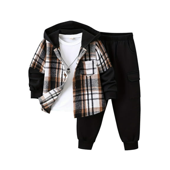 Fdqin Boys Outfit Sets 2Pcs Flannel Plaid Shirt and Pants Set Hoodie Sweatsuit for Fall Winter Spring Kids Clothes Black 4-5T