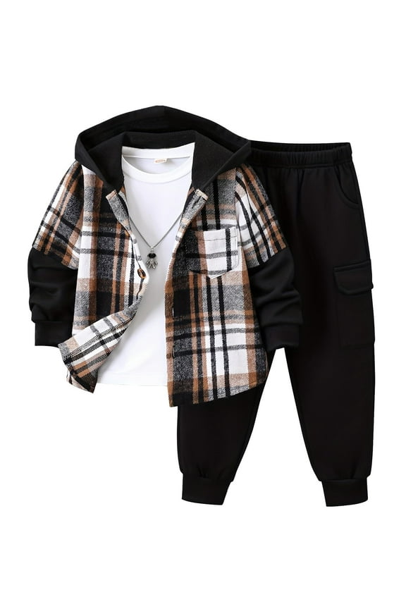 Boys Outfit Sets 2Pcs Flannel Plaid Shirt and Pants Set Hoodie Sweatsuit for Fall Winter Spring Kids Clothes Black 7-8 Years