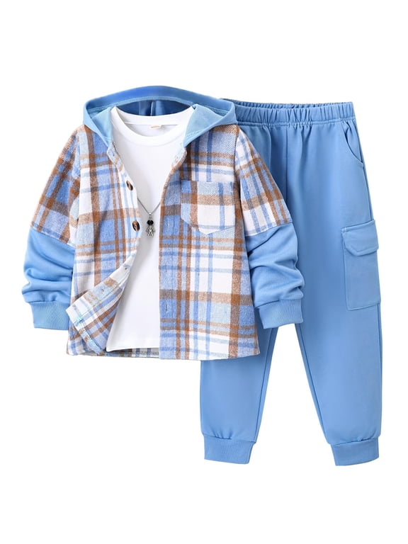 Boys Outfit Sets 2Pcs Flannel Plaid Shirt and Pants Set Hoodie Sweatsuit for Fall Winter Spring Kids Clothes Blue 7-8 Years
