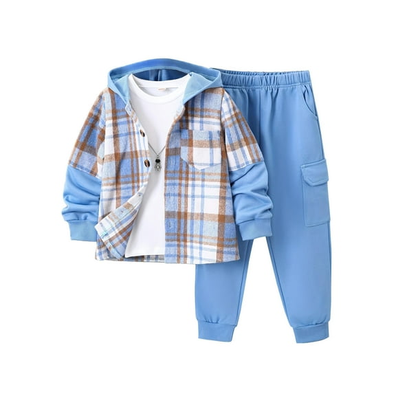 Fdqin Boys Outfit Sets 2Pcs Flannel Plaid Shirt and Pants Set Hoodie Sweatsuit for Fall Winter Spring Kids Clothes Blue 7-8 Years