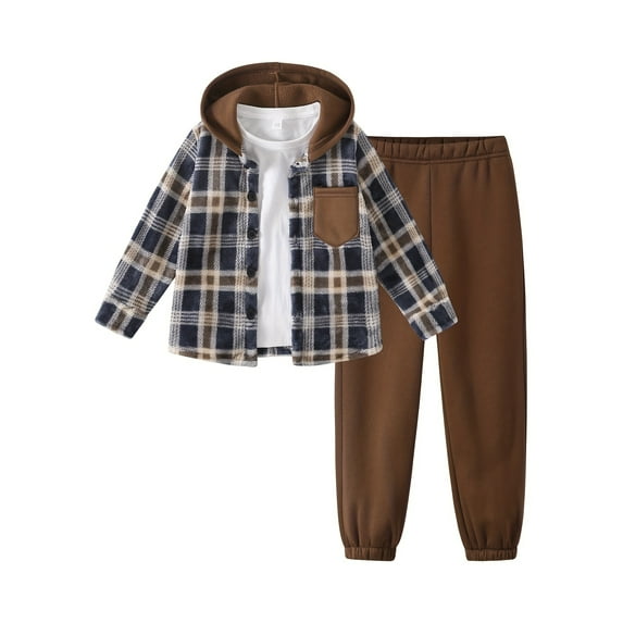 Fdqin Boys Outfit Sets 2Pcs Flannel Plaid Shirt and Pants Set Hoodie Sweatsuit for Fall Winter Spring Kids Clothes Blue Brown 3-4 Years