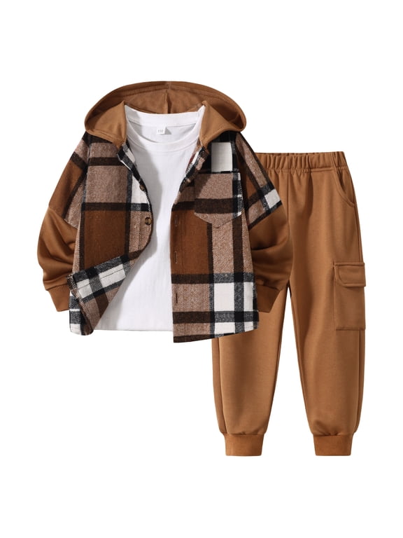 Boys Outfit Sets 2Pcs Flannel Plaid Shirt and Pants Set Hoodie Sweatsuit for Fall Winter Spring Kids Clothes Brown 5-6 Years