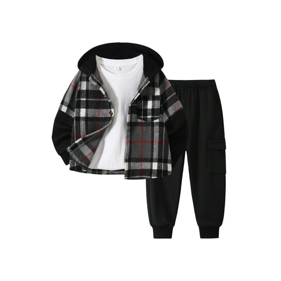 Fdqin Boys Outfit Sets 2Pcs Flannel Plaid Shirt and Pants Set Hoodie Sweatsuit for Fall Winter Spring Kids Clothes Dark Black 5-6 Years