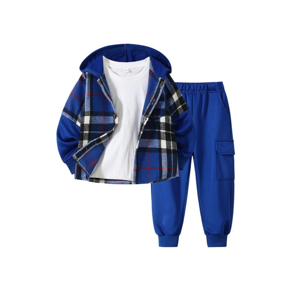 Fdqin Boys Outfit Sets 2Pcs Flannel Plaid Shirt and Pants Set Hoodie Sweatsuit for Fall Winter Spring Kids Clothes Deep Blue 3-4T