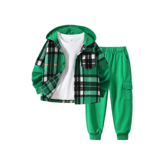 Fdqin Boys Outfit Sets 2Pcs Flannel Plaid Shirt and Pants Set Hoodie Sweatsuit for Fall Winter Spring Kids Clothes Green 7-8 Years