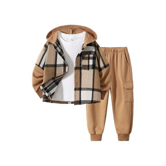 Fdqin Boys Outfit Sets 2Pcs Flannel Plaid Shirt and Pants Set Hoodie Sweatsuit for Fall Winter Spring Kids Clothes Khaki 11-12 Years