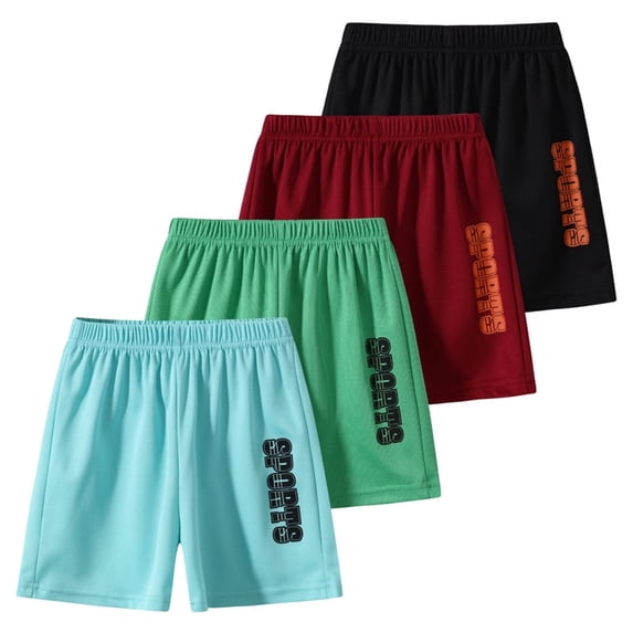 Fdqin Boys Shorts 4 Pcs Mesh Athletic Basketball Short Elastic Waist Workout Casual Jogger Short Activewear Green Dark Red Black Blue 5-6 Years
