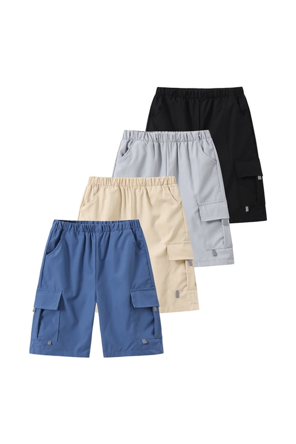 Boys Shorts 4 Pcs Summer Cargo Elastic Waist Jogger Sports Athletic Short with Pocket Grey Apricot Black Blue 9-10 Years