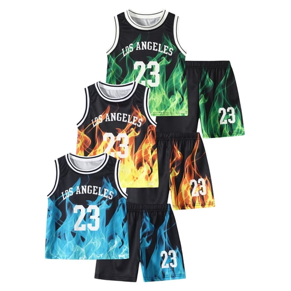Fdqin Boys' Athletic Shorts Set 6 Pieces Basketball Jersey Tank Top and Shorts Set Summer Outfits for Kids Blue Yellow Green 9-10Y