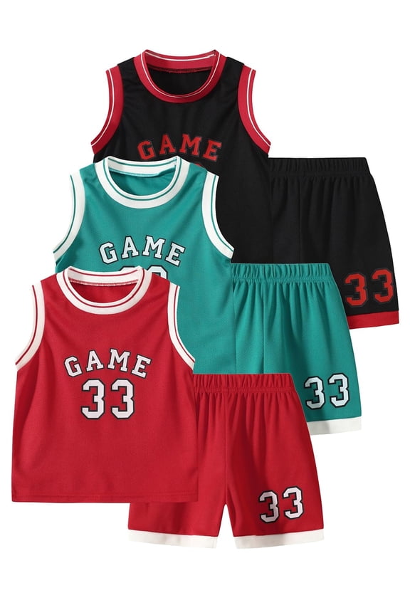 Boys Athletic Shorts Set 6 Pieces Basketball Jersey Outfits for Kids Sleeveless Tank Top and Shorts Summer Activewear Red Green Black 11-12Years