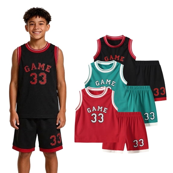 Fdqin Boys Athletic Shorts Set 6 Pieces Basketball Jersey Outfits for Kids Sleeveless Tank Top and Shorts Summer Activewear Red Green Black 11-12Years