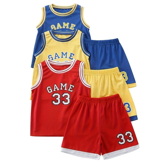 Fdqin Boys Athletic Shorts Set 6 Pieces Basketball Jersey Outfits for Kids Sleeveless Tank Top and Shorts Summer Activewear Red Yellow Blue 7-8Years